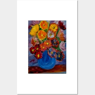 beautiful bright vibrant abstract flowers in a blue vase Posters and Art